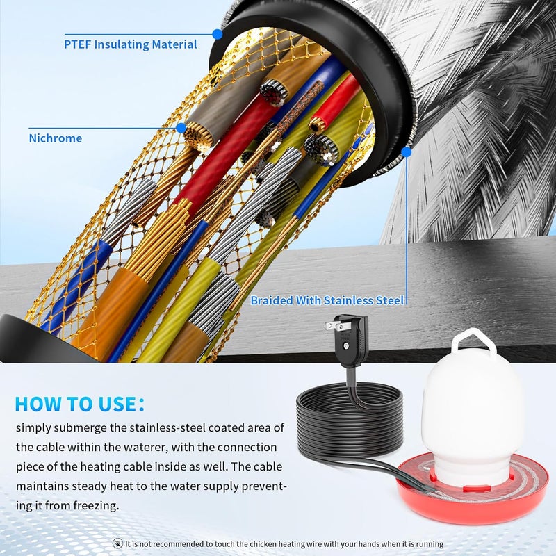 suooydoy Chickens Water Heater Cord, 1-6 Gallons Heated Chicken Waterer for Winter, 9ft Freeze Proof Poultry Water Heater Cord, Prevents Water Freezing in Drinkers for Small Animals Rabbits, Ducks, Guinea Pigs - Image 3